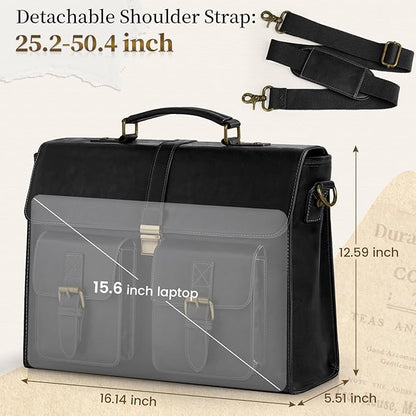 RAINSMORE Mens Messenger Bag 15.6 Inch Leather Vintage Laptop Briefcase Waterproof Computer Laptop Bag Leather Satchel Bag Large Shoulder Bag for Office Work Travel College, Black