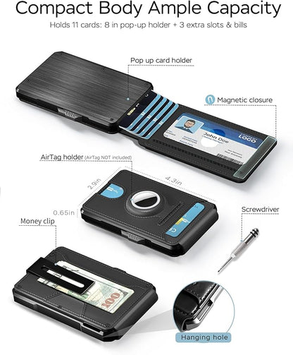 RFID Wallet for Men with AirTag Holder - Brushed Aluminum Pop Up Card Holder, Slim Money Clip Wallet Fits Front Pocket with ID Window, Holds 11 Cards and Cash, Gift for Men