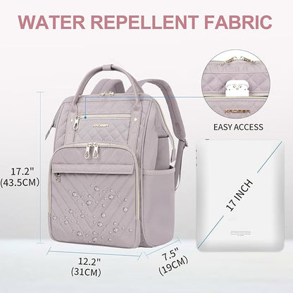 KROSER Laptop Backpack 17" Stylish Backpack Water Repellent College Casual Daypack Travel Business Work Bag for Men/Women-Quilted Dusty Pink
