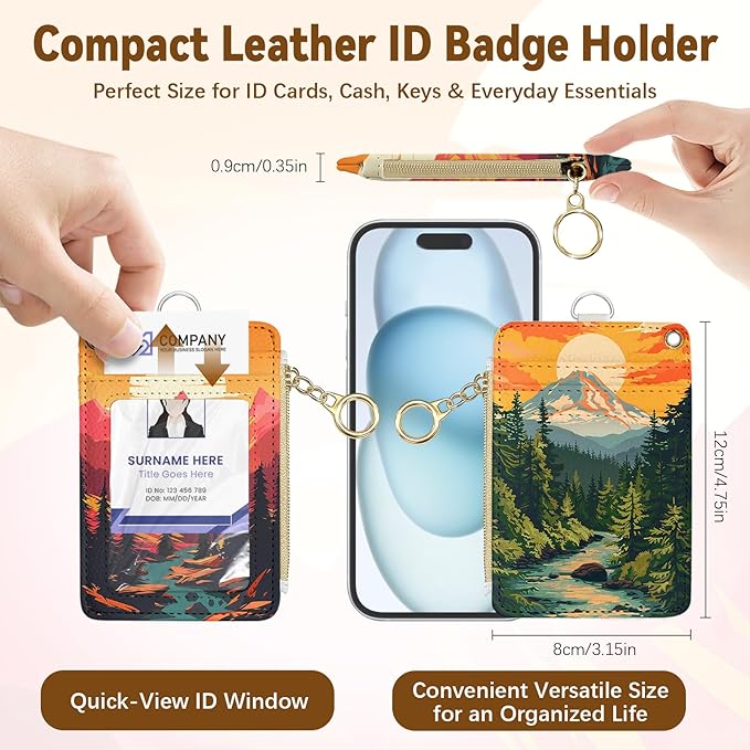 Sunset Leather Badge Holder with Zipper Pocket, Vintage Mountain Work Lanyards and 1 Zip Pocket and 4 Card Slots, Pink Bow Breakaway Lanyards with Metal Clasp for Boys, Adult, Teachers