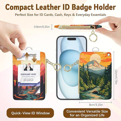 Sunset Leather Badge Holder with Zipper Pocket, Vintage Mountain Work Lanyards and 1 Zip Pocket and 4 Card Slots, Pink Bow Breakaway Lanyards with Metal Clasp for Boys, Adult, Teachers