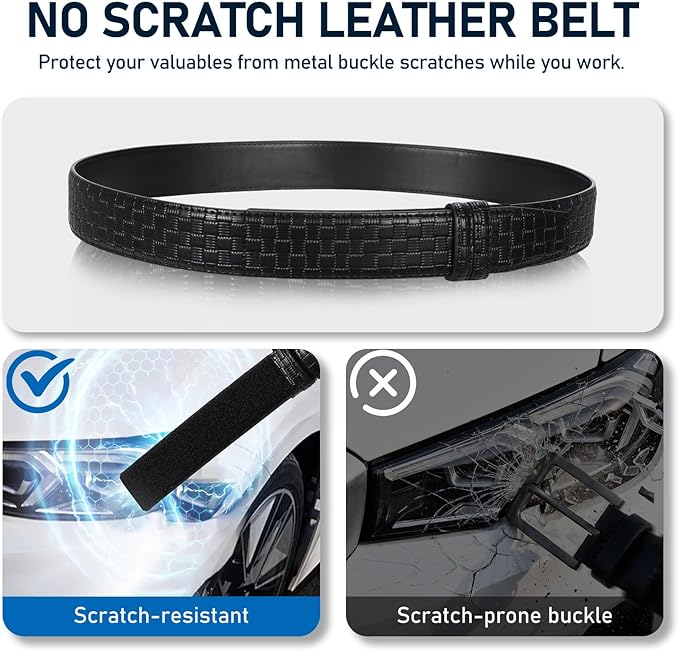 SANSTHS Mechanic Buckless Belts for Men, No Scratch Leather Work Belt Hook & Loop Tsa Belt for Technician Travel Gifts