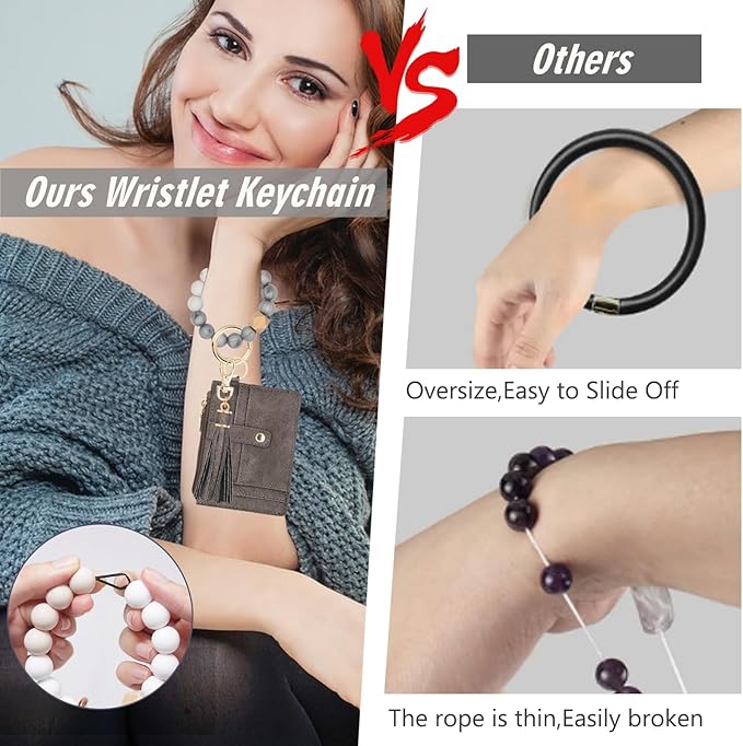 KNGITRYI Wallet Keychain Wristlet for Women,Slim RFID Credit Card Holder Purse Tassel Keychain Bangle Key Ring for Men Women