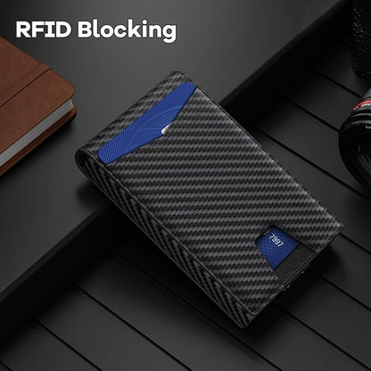 Wallet for Men, Gift Boxed Slim Minimalist Wallet for Men with Money Clip and Genuine Leather Slots RFID Blocking Pop Up Metal Aluminum Smart Wallet Card Case (Carbon Fibre Black)