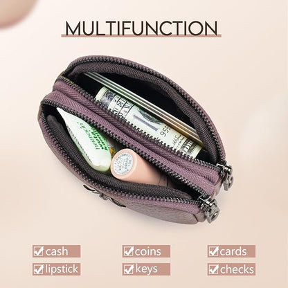 imeetu Women Leather Coin Purse, Small 2 Zippered Change Pouch Wallet