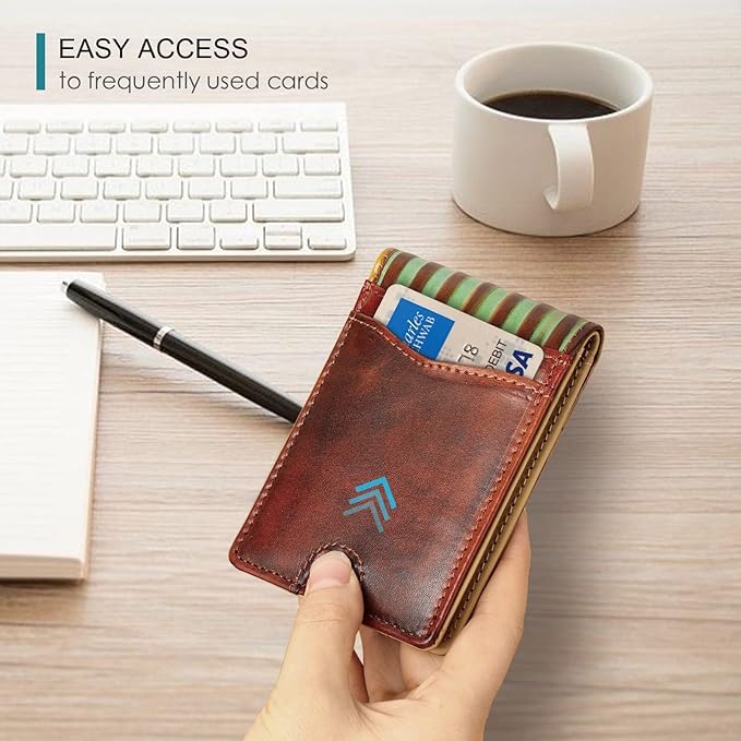 Pefiam Full Grain Leather Bifold Wallet for Men - 12 Slots, RFID Blocking - USA Flag, Brown