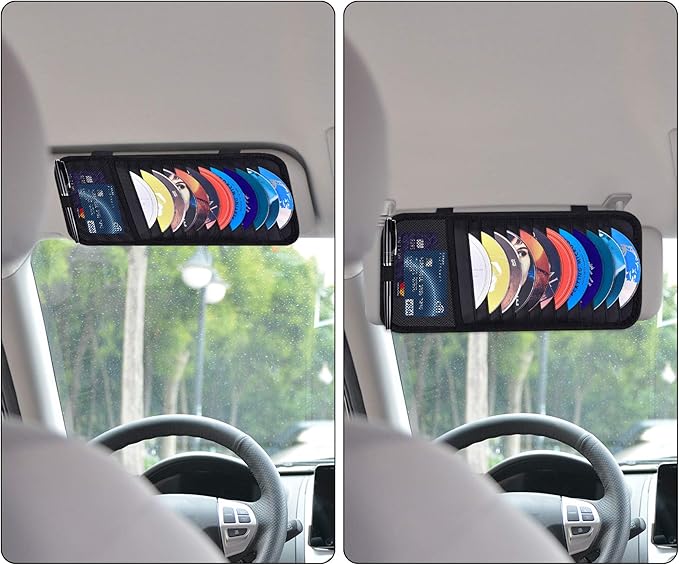 Car CD Case Holder, Wisdompro Vehicle Sun Visor Organizer for Cars with 12 DVD Storage Sleeves, 1 Mesh Pocket, 1 Pen Holder and Elastic Strap, Black