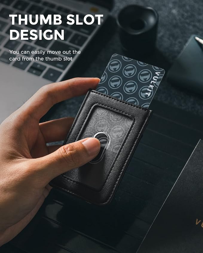 VULKIT ID Badge Holder with Lanyard for Women and Men Vertical Leather Badge Holder with Clear ID Window Card Holder Slot and Money Pocket Black