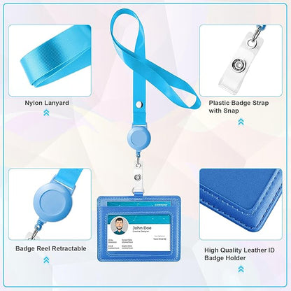 12 Pack ID Badge Holders with Retractable Lanyards Colorful Retractable Lanyards with Horizontal Leather ID Badges for Office, School, Travel