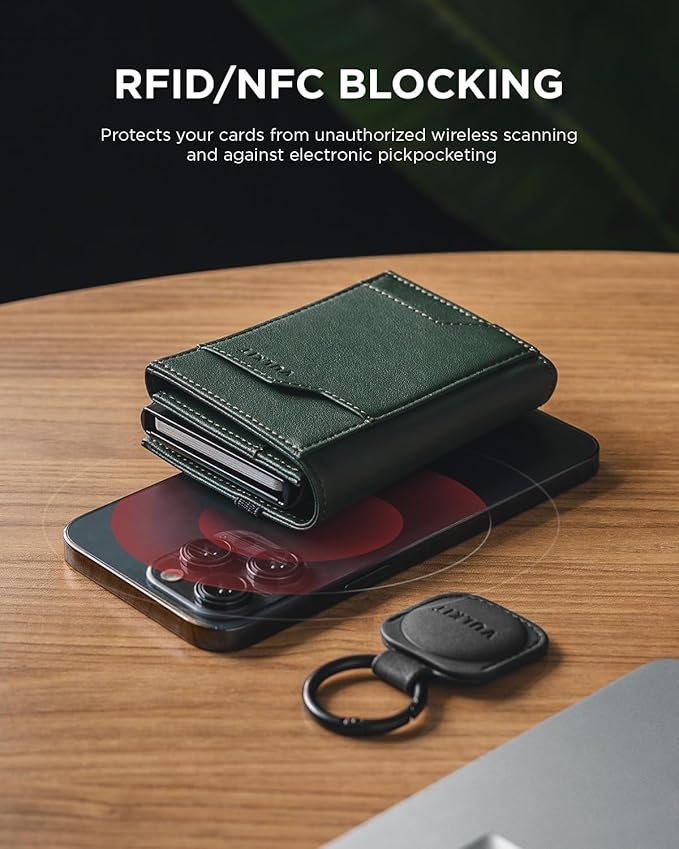 VULKIT Airtag Wallet with Keyring Leather Mens Pop up Credit Card Wallet with Air Tag Holder Trifold ID Window RFID Blocking（New-Green）