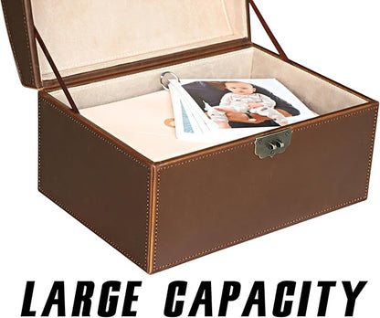 HofferRuffer Faux Leather Decorative Box, Large Wooden Structure Keepsake Box Accessory Organizer Jewelry Organizer with Hinged Lid, Storage Container for Home or Office (Antique Brown)