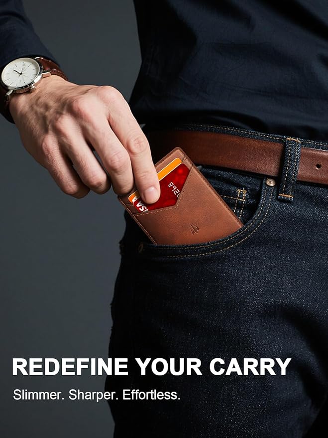 Wallet for Men, Slim Minimalist Wallet with Money Clip＆ID Window, RFID Blocking Pop-Up Credit Card Holder, Smart Auminum Mens Wallet Holds 9-13 Cards (Gift Box) (Red Brown)