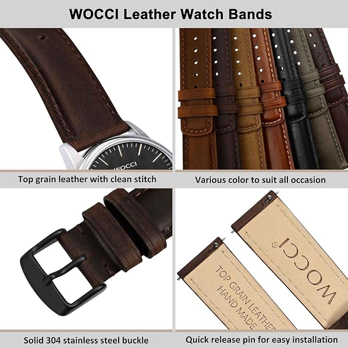 WOCCI Quick Release Watch Band, Distressed Genuine Leather, Stainless Steel Buckle, Strap Width 18mm 19mm 20mm 22mm 24mm