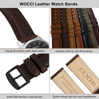 WOCCI Quick Release Watch Band, Distressed Genuine Leather, Stainless Steel Buckle, Strap Width 18mm 19mm 20mm 22mm 24mm
