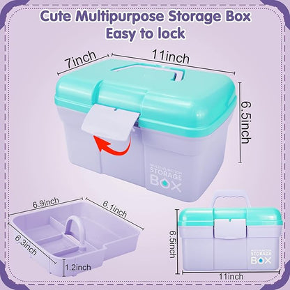 TERGOO 11in Mutipurpose Storage Box Organizer with Removable Tray, Portable Small Craft Organizer with Handle, Plastic Clear Tool Box Art Case for Makeup, Sewing, Nail, Hair Accessories (Purple Blue)