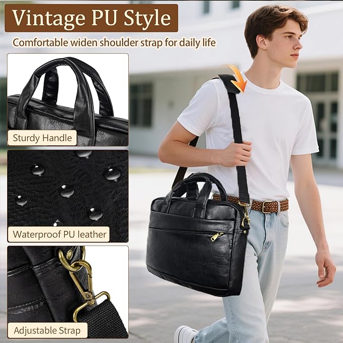 Stuery Faux Leather Messenger Bag for Men 15.6 Inch: Laptop Bag Briefcase Computer Handbags Shoulder Crossbody Bag with Padded Laptop Sleeve for Work College Travel, PU Black