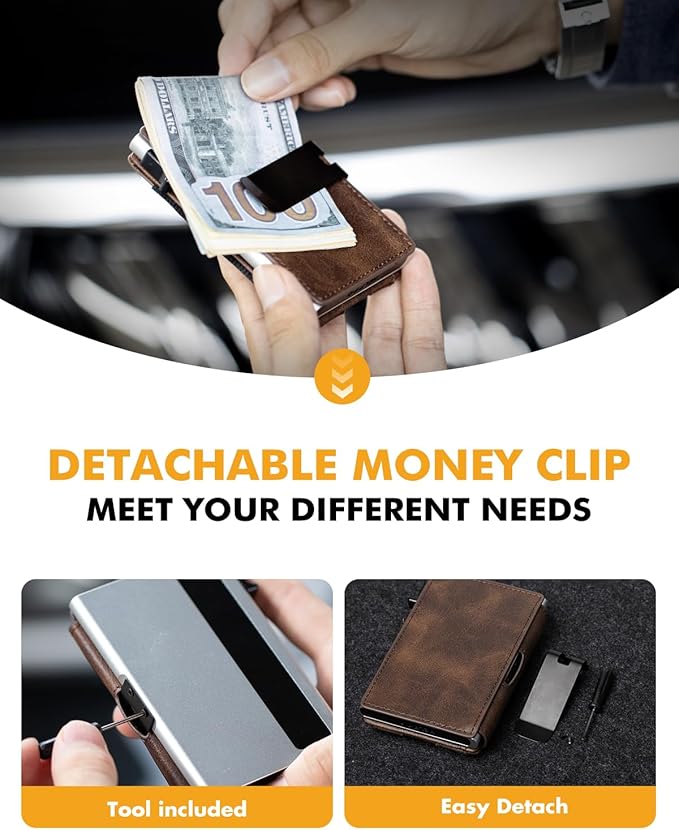 iwantit Slim Airtag Wallet for Men: Pop Up Bifold Wallet with Detachable Money Clip ID Window for Air Tag(1st & 2nd Generation) - RFID Blocking for 8-10 Cards Cash - Gift Box Included (Brown)