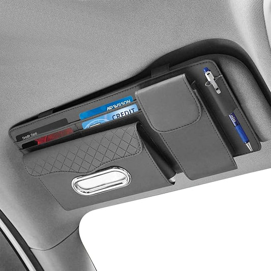 Multi-Pocket Car Visor Organizer with Zippered Compartments - 6-Pocket Sun Visor Storage Pouch for Sunglasses, Phone, Keys, Cards - Universal Fit for Cars, Trucks, SUVs (Grey)