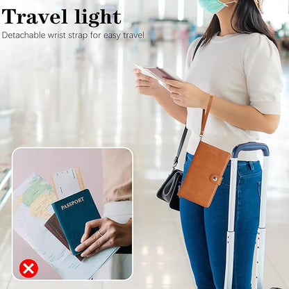Passport Holder for Travel Essentials, RFID Blocking PU Leather Wallet Cover with Wristlet Strap Magnetic Closure Passport Book Holders Case for Women and Men, Brown
