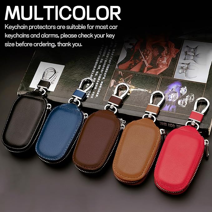 Car Key Case - Genuine Leather Auto Fob Protector, Universal Cover With Metal Hook, Smart Keychain Holder for Remote, Vehicle Keyring Zipper Bag (Brown)