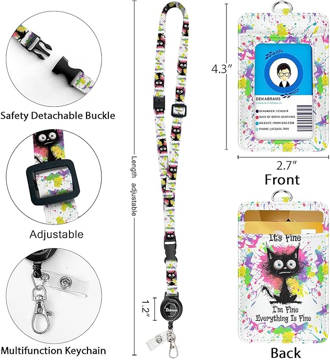 bolimoss Burnt Cat ID Badge Holder with Retractable Badge Reels, Funny Leather ID Badge Holder with Lanyard, Breakaway Neck Lanyards with Quick Release Buckles, ID Card Holder for Teacher Student Kids