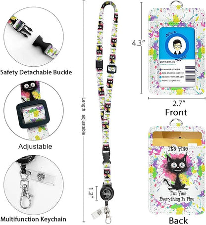 bolimoss Burnt Cat ID Badge Holder with Retractable Badge Reels, Funny Leather ID Badge Holder with Lanyard, Breakaway Neck Lanyards with Quick Release Buckles, ID Card Holder for Teacher Student Kids