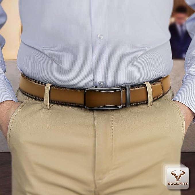 BULLIANT Mens Ratchet Belt,Leather Adjustable Slide Belt For Gift Mens Dress Casual 1 3/8",Size Adjustable