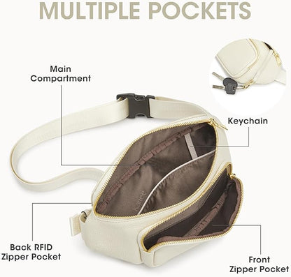 Kattee Fanny Packs for Women, Leather Crossbody Bags for Women Trendy, Small Belt Bag,Fashion Waist Packs with RFID Blocking, Beige