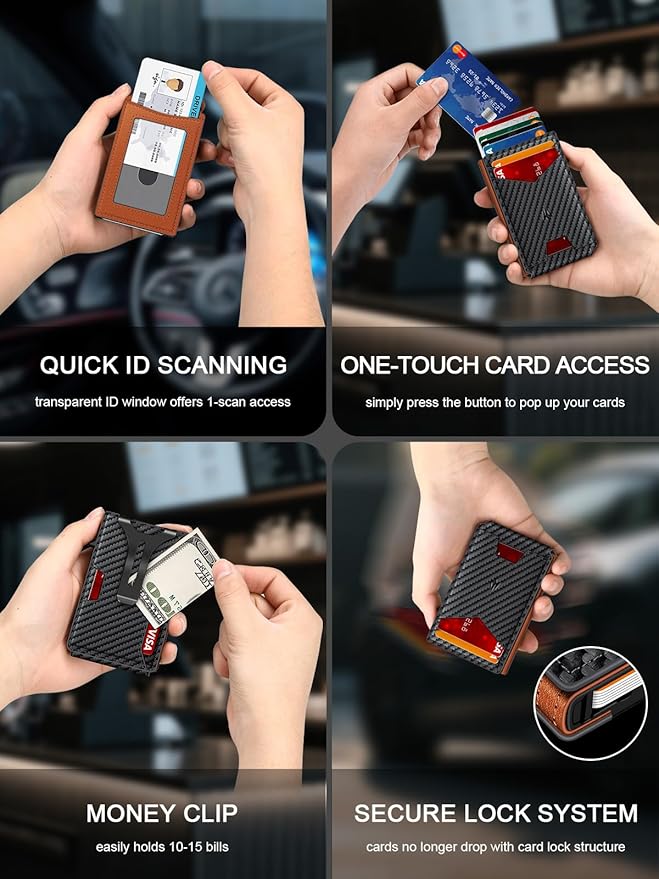 Wallet for Men, Slim Minimalist Wallet with Money Clip＆ID Window, RFID Blocking Pop-Up Credit Card Holder, Smart Auminum Mens Wallet Holds 9-13 Cards (Gift Box) (Carbon Fiber & Orange)