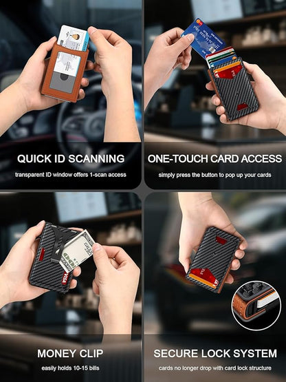 Wallet for Men, Slim Minimalist Wallet with Money Clip＆ID Window, RFID Blocking Pop-Up Credit Card Holder, Smart Auminum Mens Wallet Holds 9-13 Cards (Gift Box) (Carbon Fiber & Orange)