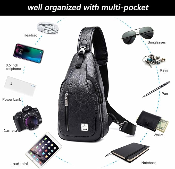 Small Sling Bag Crossbody Backpack Over the Shoulder Bag for Men Women Travel Outdoors, Lightweight Sling Chest Pack (Large, Pu leather)