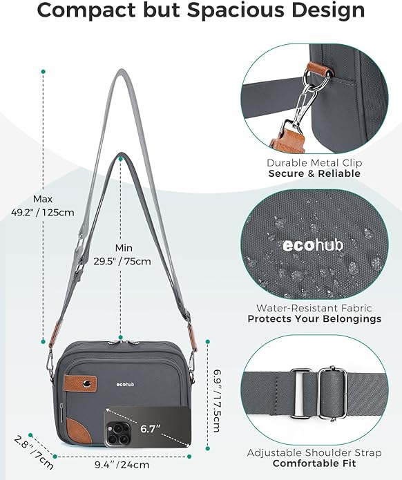 ECOHUB Crossbody Bag for Women Men, Multi Pocket Anti-Theft Travel Purse with RFID Blocking, Oxford PU Shoulder Bag