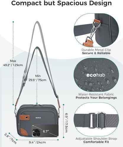 ECOHUB Crossbody Bag for Women Men, Multi Pocket Anti-Theft Travel Purse with RFID Blocking, Oxford PU Shoulder Bag