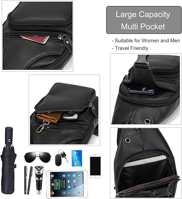 LUUFAN Men's Genuine Leather Sling Bag Chest Shoulder Backpack Crossbody Bag for Casual Sports Hiking Running Travel