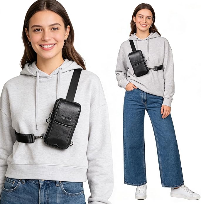 Small Crossbody Bag for Men Women - Genuine Leather Mini Sling Bag with Charging Port