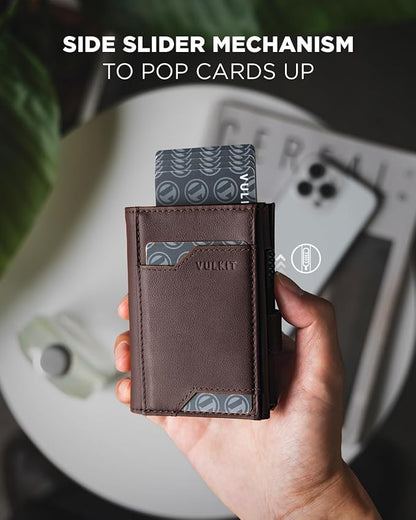 VULKIT Airtag Wallet with Keyring Mens Pop up Credit Card Wallet Compatiable with Air Tag Holder Trifold ID Window RFID Blocking