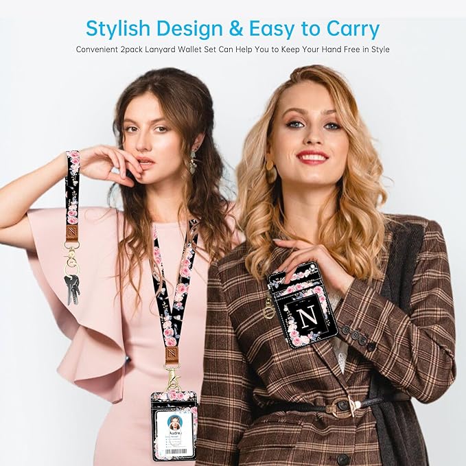 A-Z Letter 2-in-1 ID Badge Holder & Lanyard Wallet for Teachers,Nurse,Professionals-Cute Zippered Coin Pouch,Removable Wristlet & Neck Lanyard,5 Card Slots Stylish Work Essential N