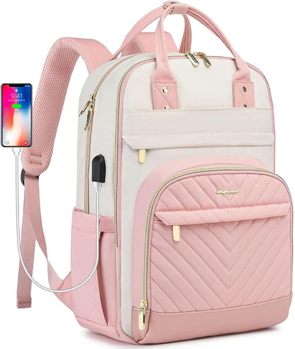 Backpack for Women Laptop Bag: Work Travel Backpacks Fits 17 inch Computer Waterproof College Bookbag with USB Charger Anti-theft Business Casual Backpack Purse for Nurse Teacher Beige Pink