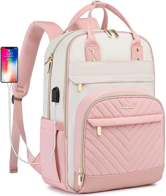 bagswan Laptop Backpack for Women Work - 15.6 Inch Travel Backpack Fashion Work Business Backpacks Purse Warterproof College Teacher Nurse Computer Daypack Beige Pink