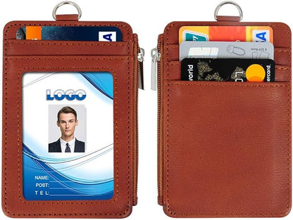 Badge Holder with Zipper, Life-Mate PU Leather ID Badge Card Holder Wallet Case with 5 Card Slots Zipper Pocket 19" Polyester Neck Lanyard Heavy Duty Metal Retractable Badge Reel (tan)
