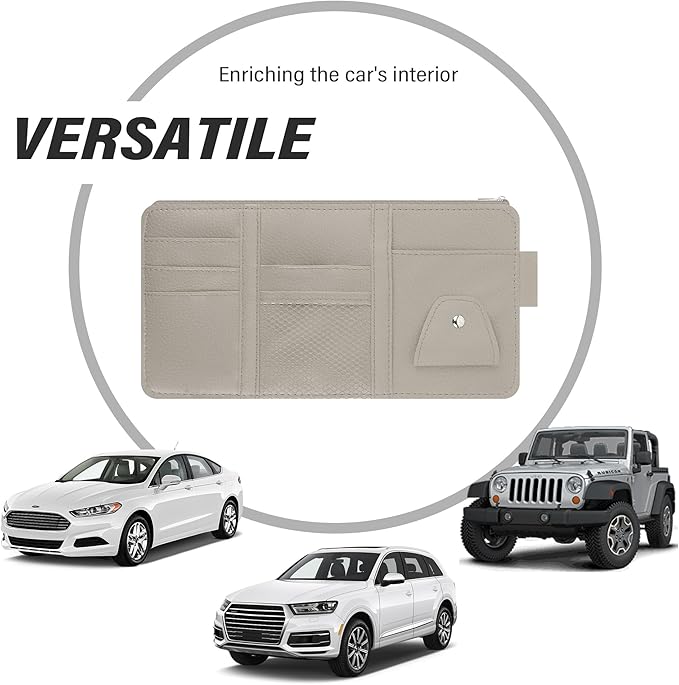 Car Visor Organizer with Sunglass Holder,Multi-Functional Car Sun Visor Organizer with Zipper for Cards,Money,Tickets,Leather Interior Accessories (Gray)