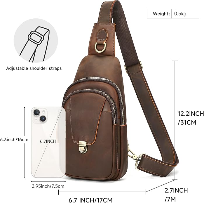 NIUCUNZH Genuine Leather Sling Bag Front Metal-Latch Crossbody Bags Handmade Vintage Chest Shoulder Backpack for Women Men