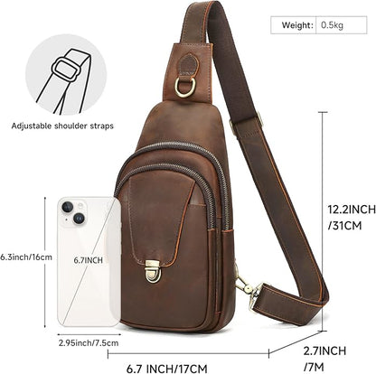 NIUCUNZH Genuine Leather Sling Bag Front Metal-Latch Crossbody Bags Handmade Vintage Chest Shoulder Backpack for Women Men