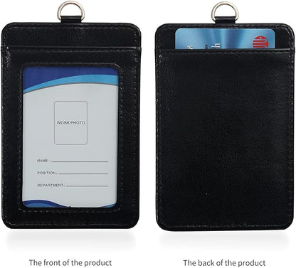1 Badge Holder with Detachable Lanyard, Vertical PU Leather ID Badge Holder with 1 Clear ID Window & 1 Card Slot for Work, School, Metro & Access Cards (Black)