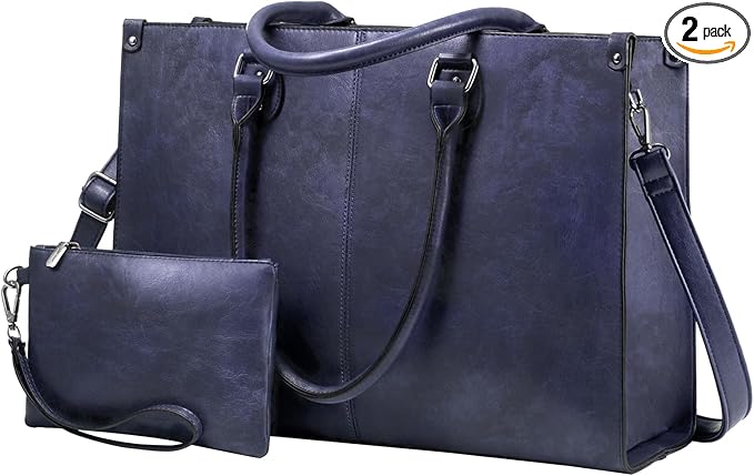 LOVEVOOK Laptop Tote Bag for Women, 15.6 Inch Large Capacity Vintage Leather Work Computer Bag, Business Casual Shoulder Handbag, Indigo Ink