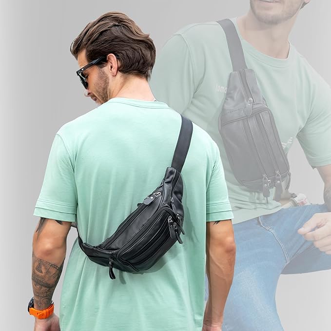 Black Leather Fanny Pack for Men & Women, Fashionable Multi-Pockets Waist Belt Bag for Travel Sports Hiking Cycling Fishing Running