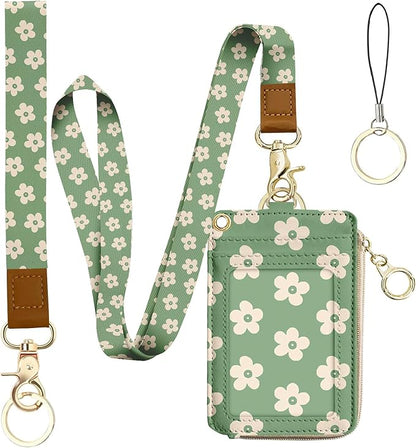 bolimoss Groovy Flowers Lanyard with ID Holder for Women Teacher, Cute Floral ID Badge Holder with Neck Lanyard ID Badge Wallet Case with 1 ID Window, 5 Card Slots, 1 Side Zipper Pocket, Ring Keychain