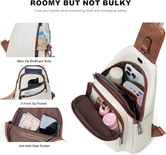 Leresas 7L Crossboydy Sling Bag for Women Vegan Leather Crossbody Purse Fanny Pack Chest Bag for Travel, Beige