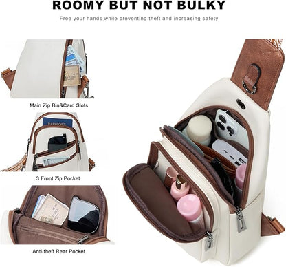Leresas 7L Crossboydy Sling Bag for Women Vegan Leather Crossbody Purse Fanny Pack Chest Bag for Travel, Beige