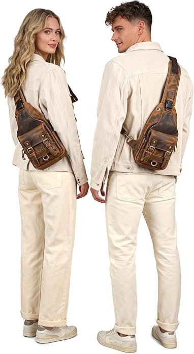 Thick Crazy horse Leather Triangle Crossbody Sling Chest Bag Travel One Shoulder Bag Daypack For Men Male 3028